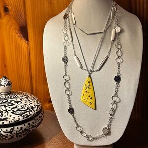 Liz Claiborne Necklace w/ Yellow Pendant stacked w/ 2 other silver tone chains.